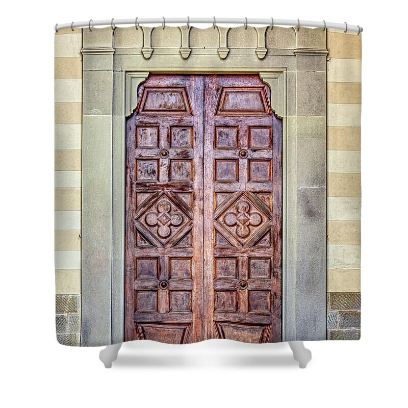 Medieval Shower Curtain featuring the photograph Carved Door of Cortona by David Letts