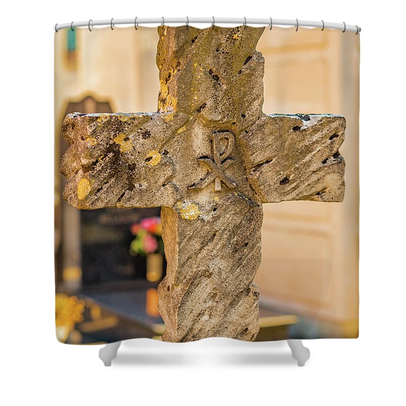 Cross Shower Curtain featuring the photograph carved stone Cross by Vivida Photo PC