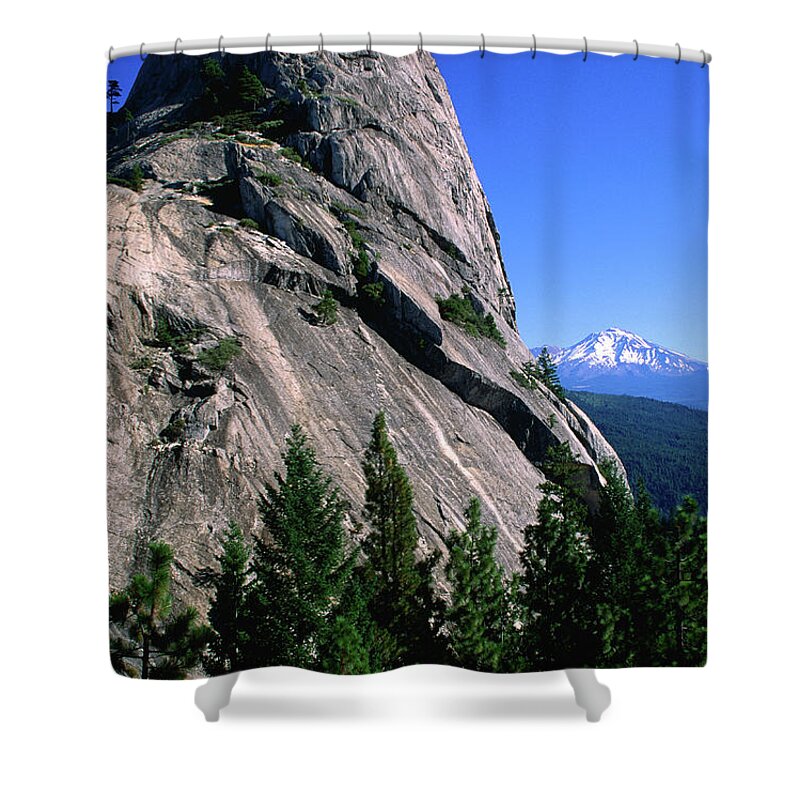 Toughness Shower Curtain featuring the photograph Castle Crags With Mt Shasta In by John Elk Iii