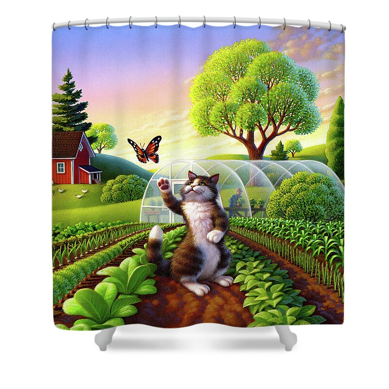 Cat Shower Curtain featuring the painting Cat and the Butterfly by Robin Moline