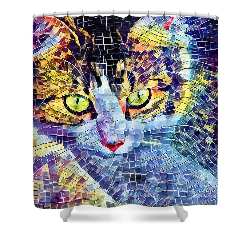 Mosaic Shower Curtain featuring the digital art Cat Mosaic Yellow Eyes by Don Northup