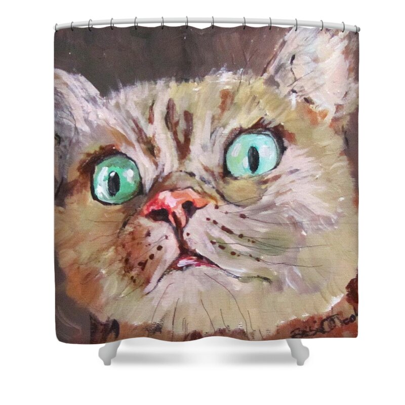 Cat Shower Curtain featuring the painting CAT What do you see by Barbara O'Toole