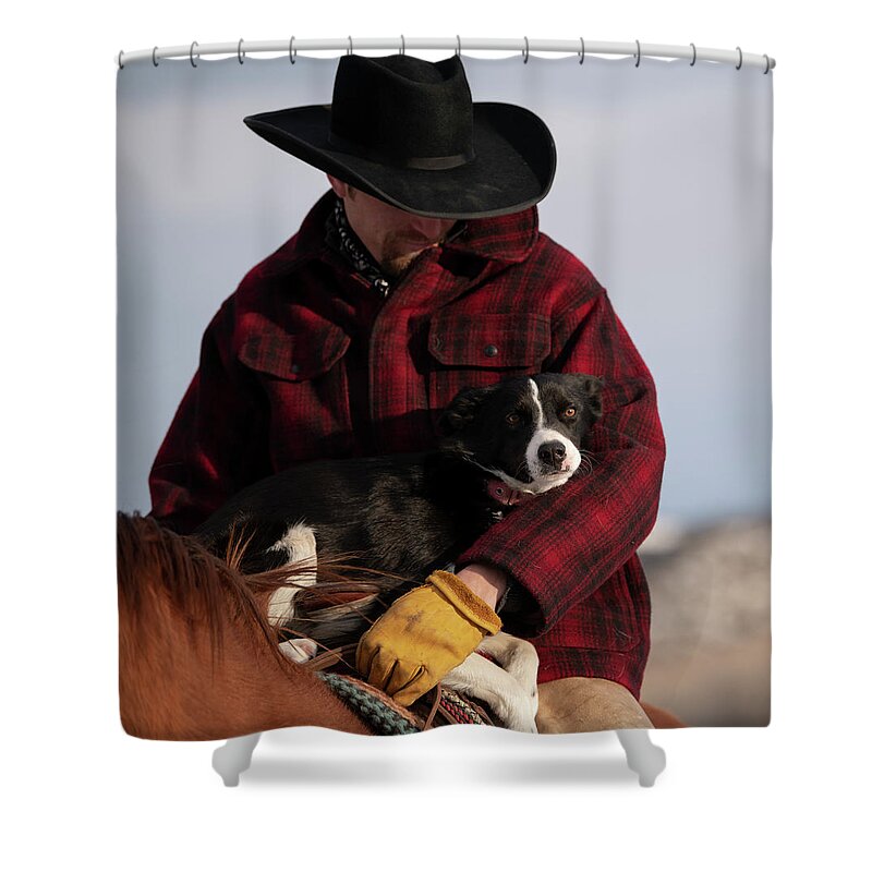 Cowboy And His Dog Shower Curtain featuring the photograph Catch Ride by Pamela Steege