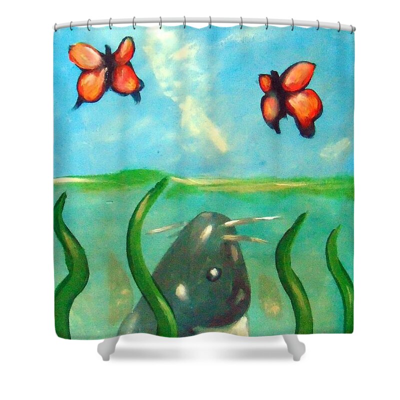 Catfish Shower Curtain featuring the painting Catfish butterflies by Loretta Nash