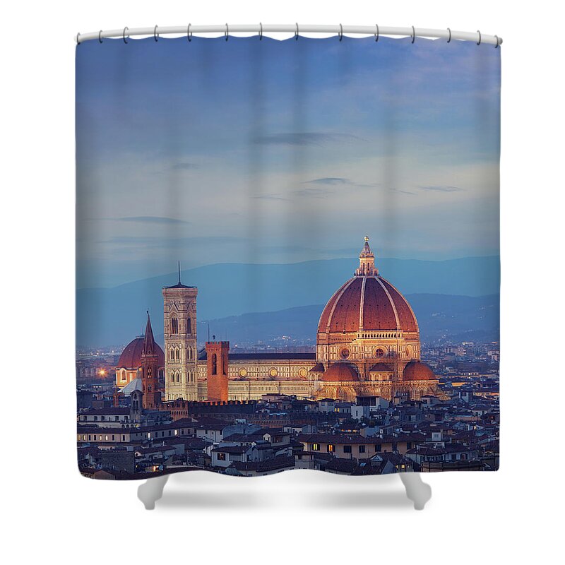 Campanile Shower Curtain featuring the photograph Cathedral Of Florence At Dusk by Mammuth