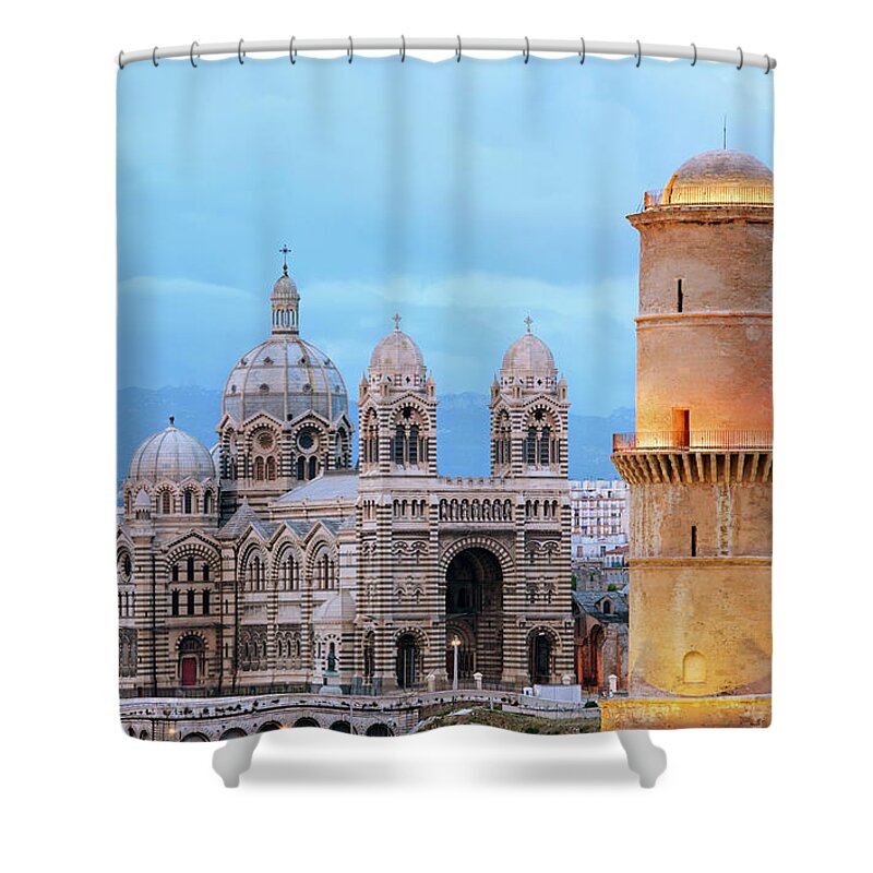Built Structure Shower Curtain featuring the photograph Cathedral Of La Major Of Marseille At by Guy Vanderelst