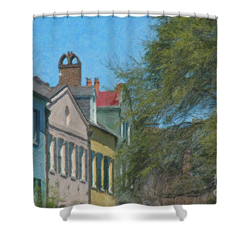 Rainbow Row Shower Curtain featuring the painting Charleston Rainbow Row Rooftops by Dale Powell