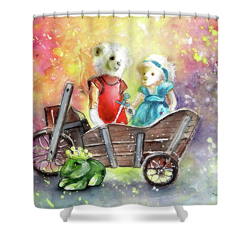 Teddy Shower Curtain featuring the painting Charlie Bears King Of The Fairies And Thumbelina by Miki De Goodaboom
