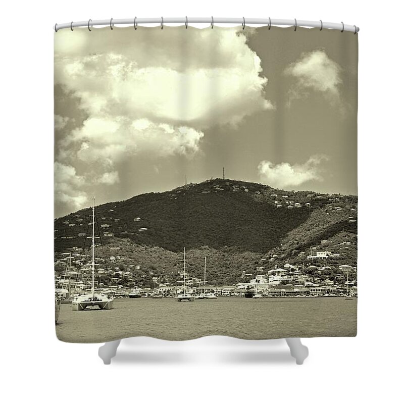 Charlotte Amalie Harbor Shower Curtain featuring the photograph Charlotte Amalie Harbor in Sepia by Climate Change VI - Sales