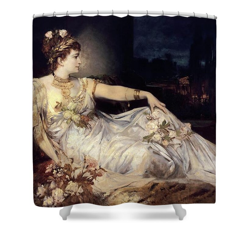 Charlotte Wolter Shower Curtain featuring the painting 'Charlotte Wolter as Messalina', 1875, oil on canvas, 143 x 227 cm. HANS MAKART . Mesalina. by Hans Makart -1840-1884-