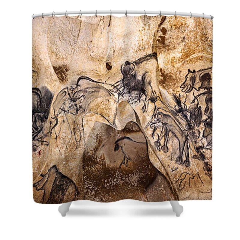 Chauvet Shower Curtain featuring the digital art Chauvet Lions and Rhinos by Weston Westmoreland