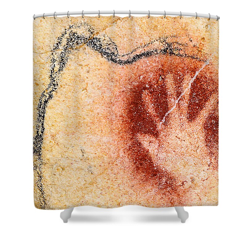Chauvet Shower Curtain featuring the digital art Chauvet Red Hand and Mammoth by Weston Westmoreland