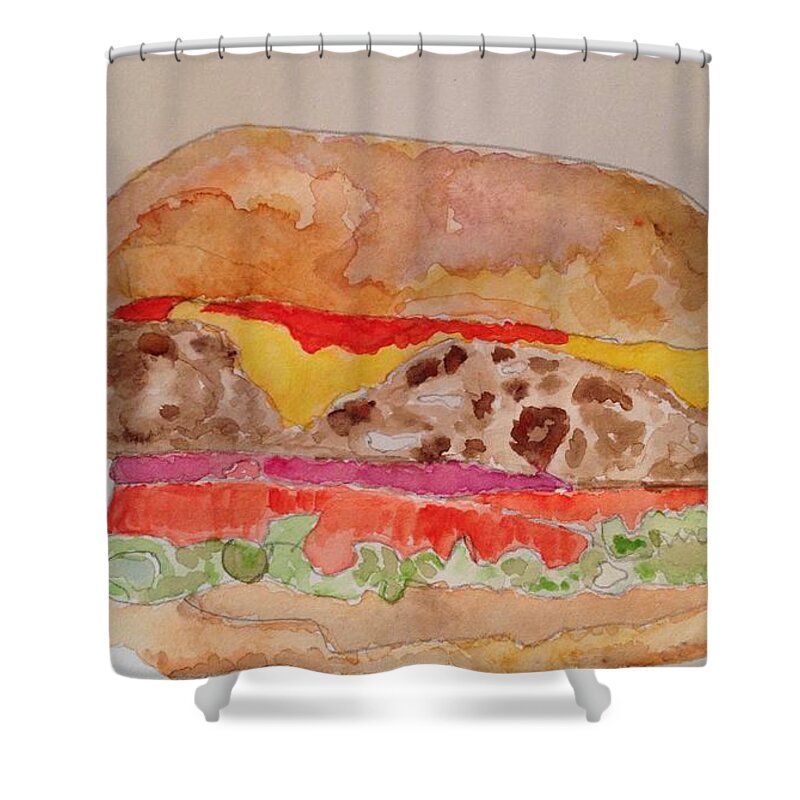 Cheeseburger Shower Curtain featuring the painting Cheeseburger by Marty Klar