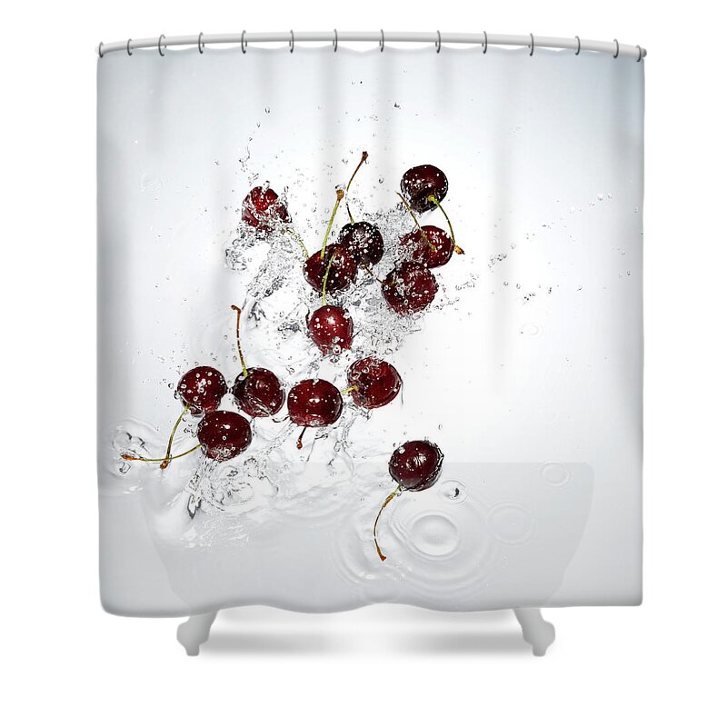 Cherry Shower Curtain featuring the photograph Cherries Splashing In To Water by Chris Stein