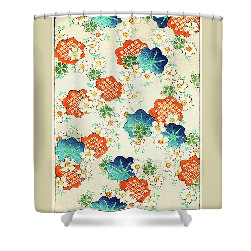 Watanabe Seitei Shower Curtain featuring the painting Cherry Blossoms and Fallen Leaf- Japanese traditional pattern design by Watanabe Seitei