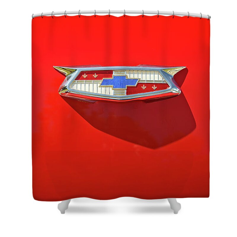 Vehicle Shower Curtain featuring the photograph Chevrolet Emblem on a 55 Chevy Trunk by Scott Norris