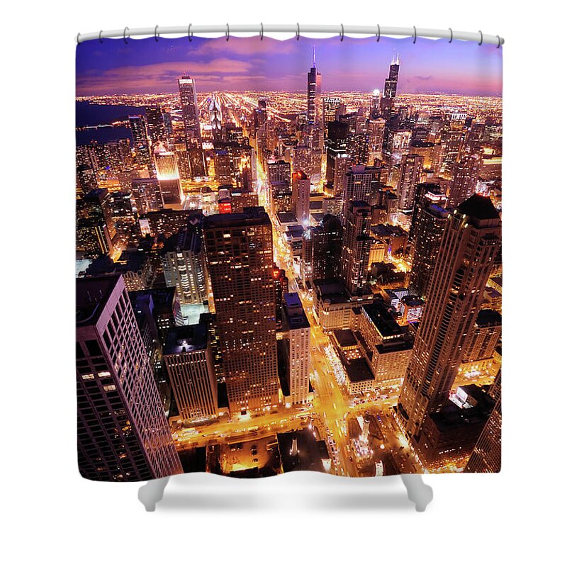 Outdoors Shower Curtain featuring the photograph Chicago At Night by Piriya Photography