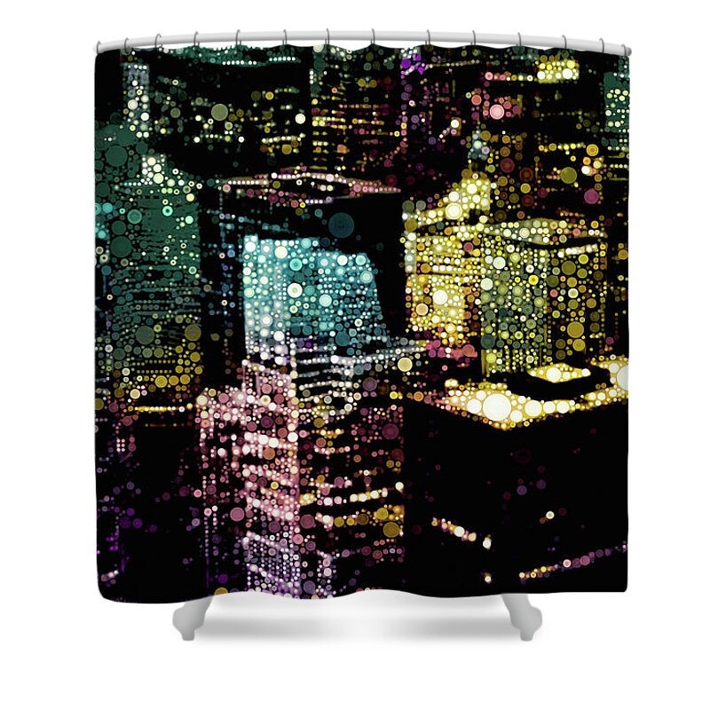 Chicago City Lights Shower Curtain featuring the mixed media Chicago City Lights by Susan Maxwell Schmidt