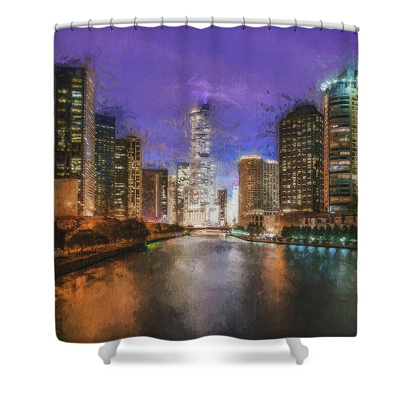 Chicago Shower Curtain featuring the painting Chicago Panorama - 15 by AM FineArtPrints