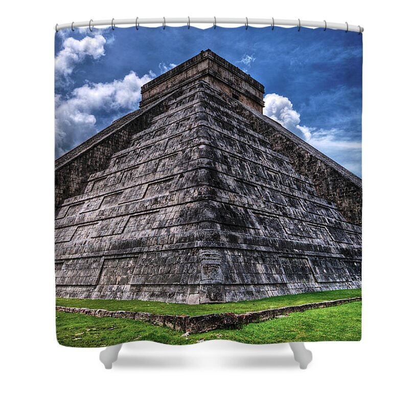 Grass Shower Curtain featuring the photograph Chichen Itza Pyramid With A Blue Sky by Riccardo Mantero
