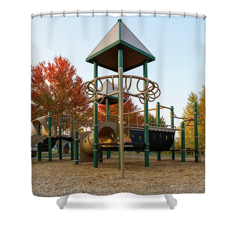 Children Shower Curtain featuring the photograph Children Playground in Neighborhood Park in Fall Season by David Gn