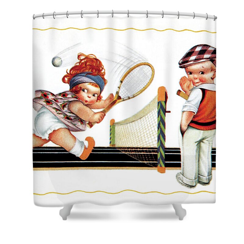 Racquet Shower Curtain featuring the painting Children Playing Tennis by Unknown