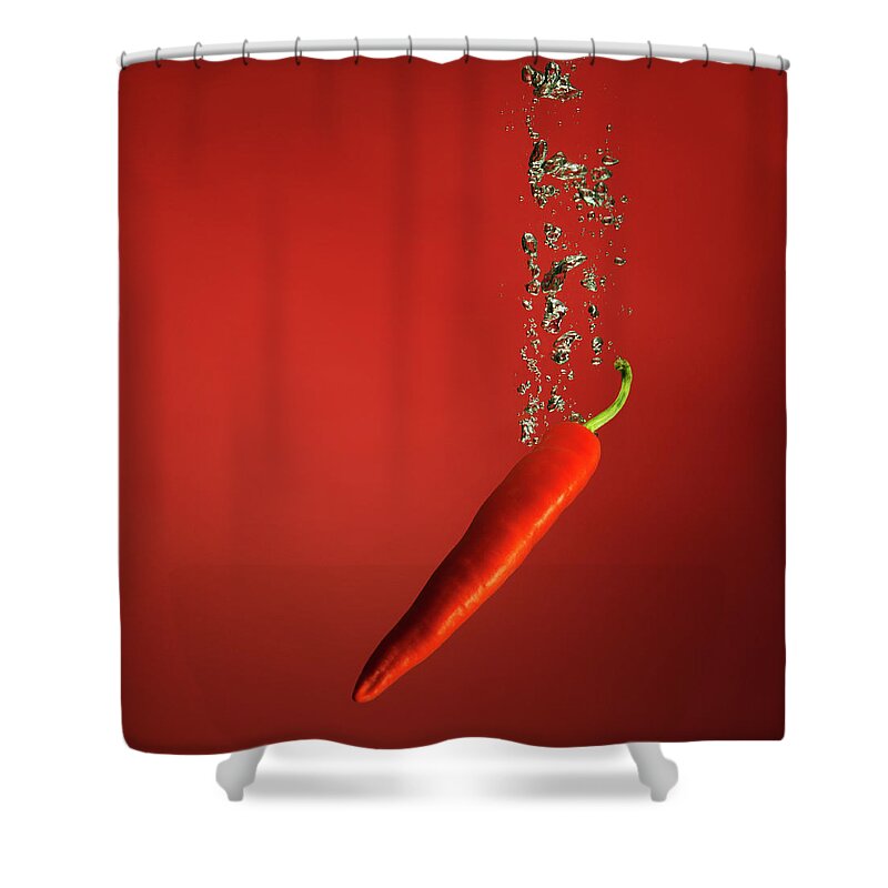 Copenhagen Shower Curtain featuring the photograph Chilli Splashed Into Water by Henrik Sorensen