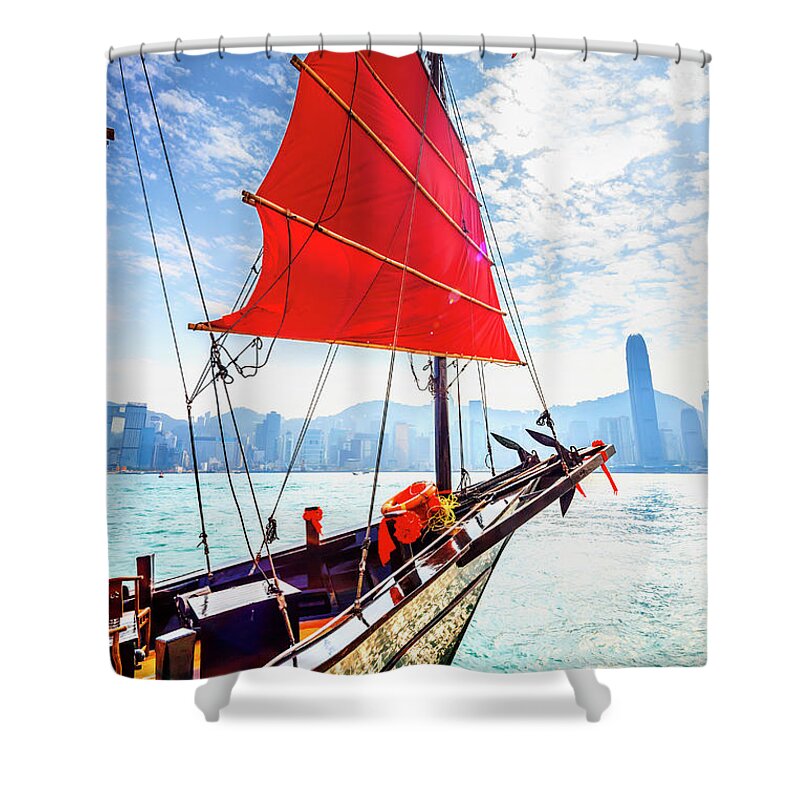 Estock Shower Curtain featuring the digital art China, Hong Kong, Hong Kong Island, Victoria Harbor, Aqua Luna Junk In Victoria Harbor by Maurizio Rellini