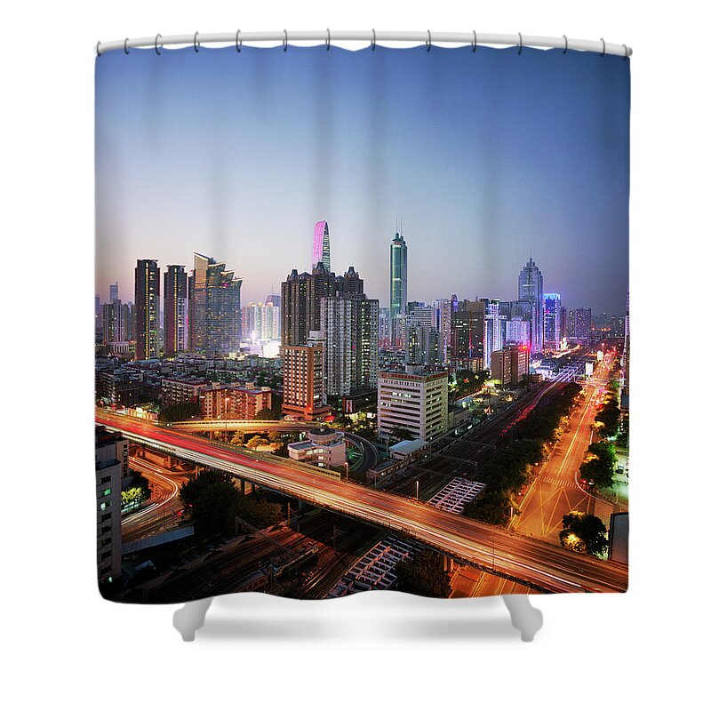 Corporate Business Shower Curtain featuring the photograph China, Shenzen Skyline At Dusk by Martin Puddy