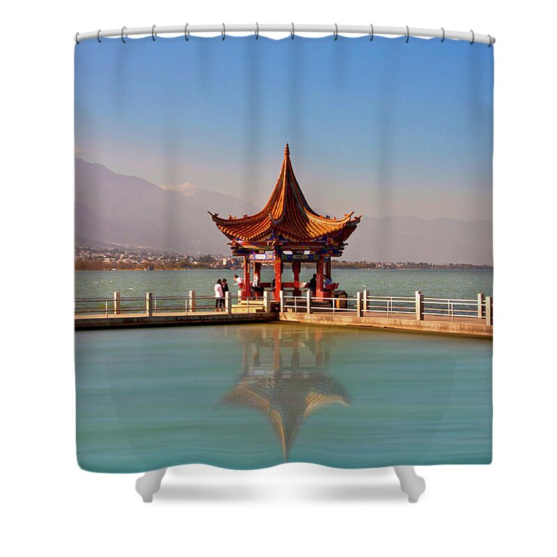 Chinese Culture Shower Curtain featuring the photograph China Yunnan Reflected Floating Pagoda by Seng Chye Teo