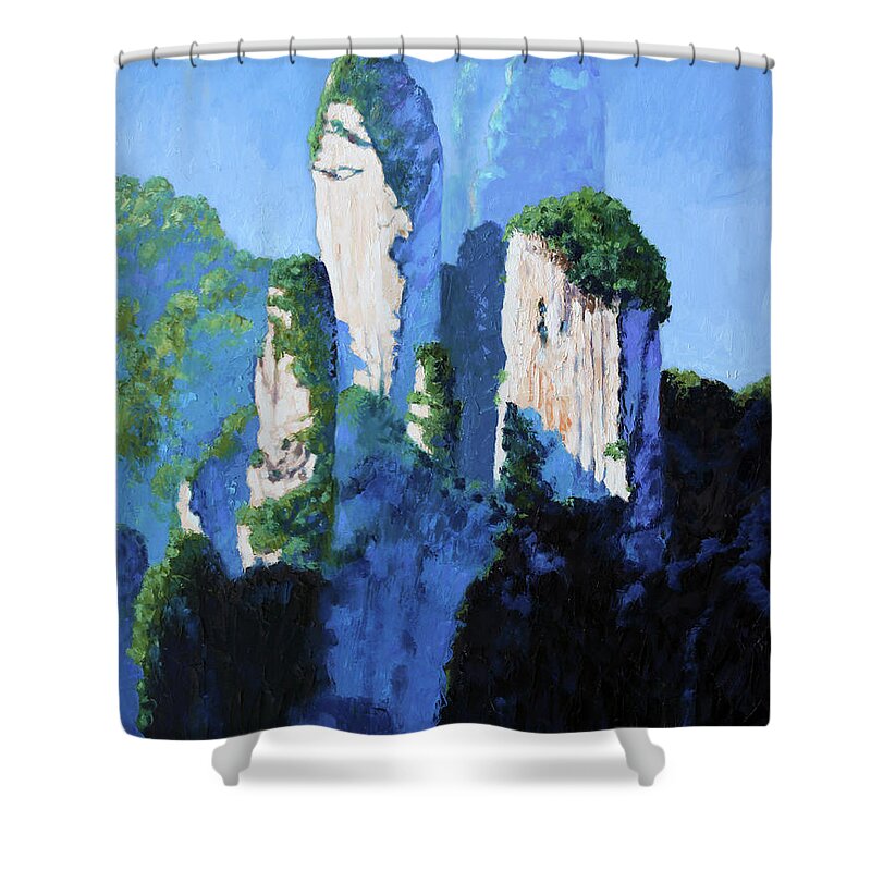 Mountains Shower Curtain featuring the painting China's Mountains #17 by John Lautermilch