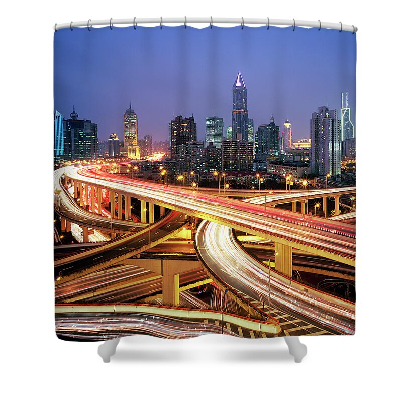 Downtown District Shower Curtain featuring the photograph China,shanghai, Road Intersection At by Martin Puddy