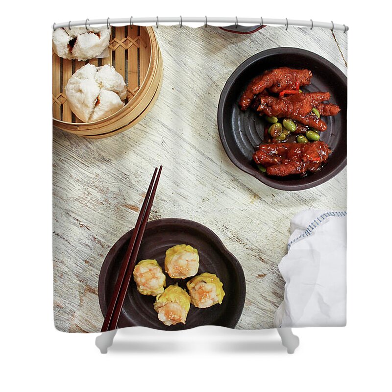 Dumpling Shower Curtain featuring the photograph Chinese Dim Sum Spread by Jen Voo Photography