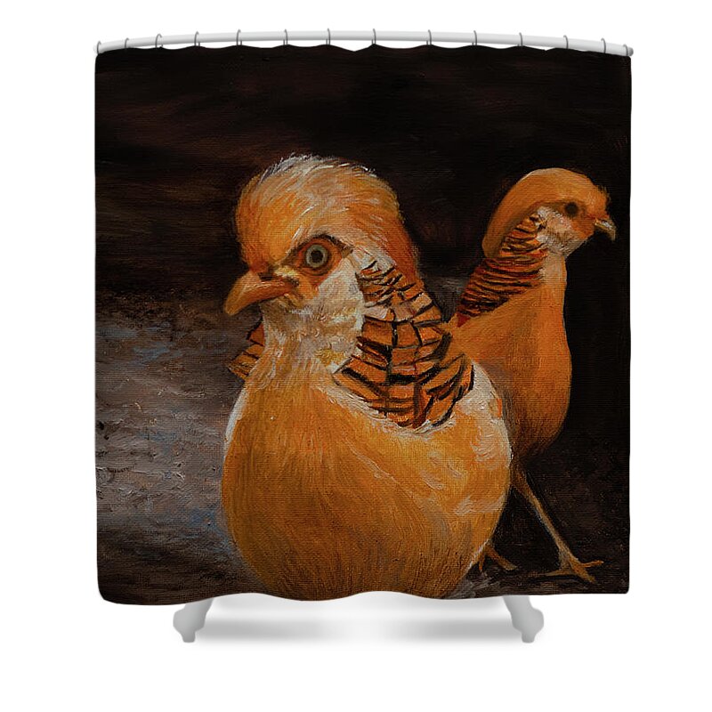 Golden Pheasant Similar To A Chicken Shower Curtain featuring the painting Chinese Golden Pheasant by Kathy Knopp