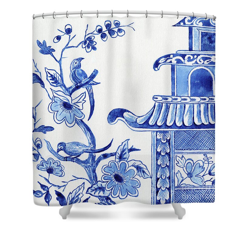 Chinoiserie Shower Curtain featuring the painting Chinoiserie Blue and White Birds in Flowering Tree and Pagoda by Audrey Jeanne Roberts