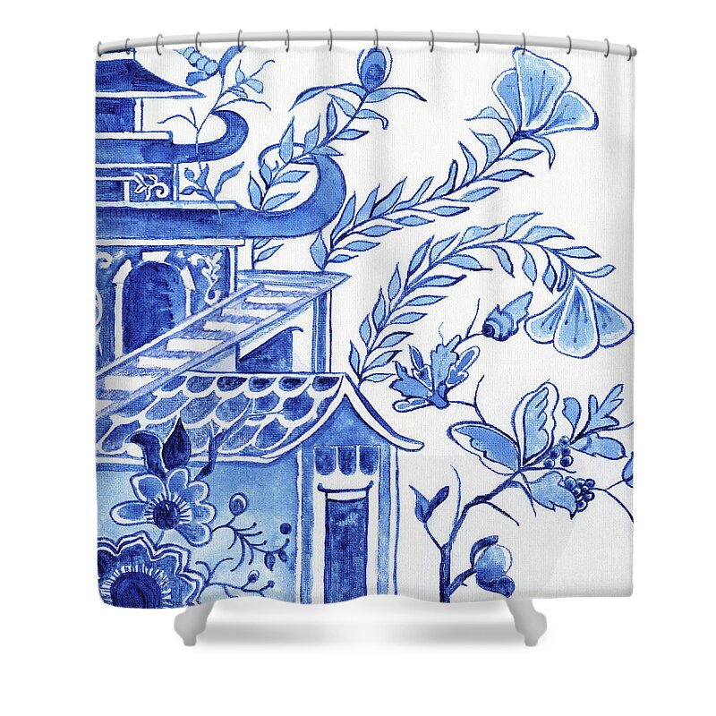 Chinoiserie Shower Curtain featuring the painting Chinoiserie Blue and White Pagoda Floral 1 by Audrey Jeanne Roberts