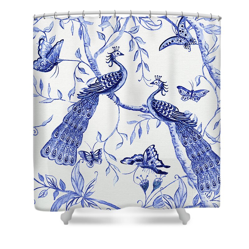 Chinoiserie Shower Curtain featuring the painting Chinoiserie Blue and White Peacocks and Butterflies by Audrey Jeanne Roberts