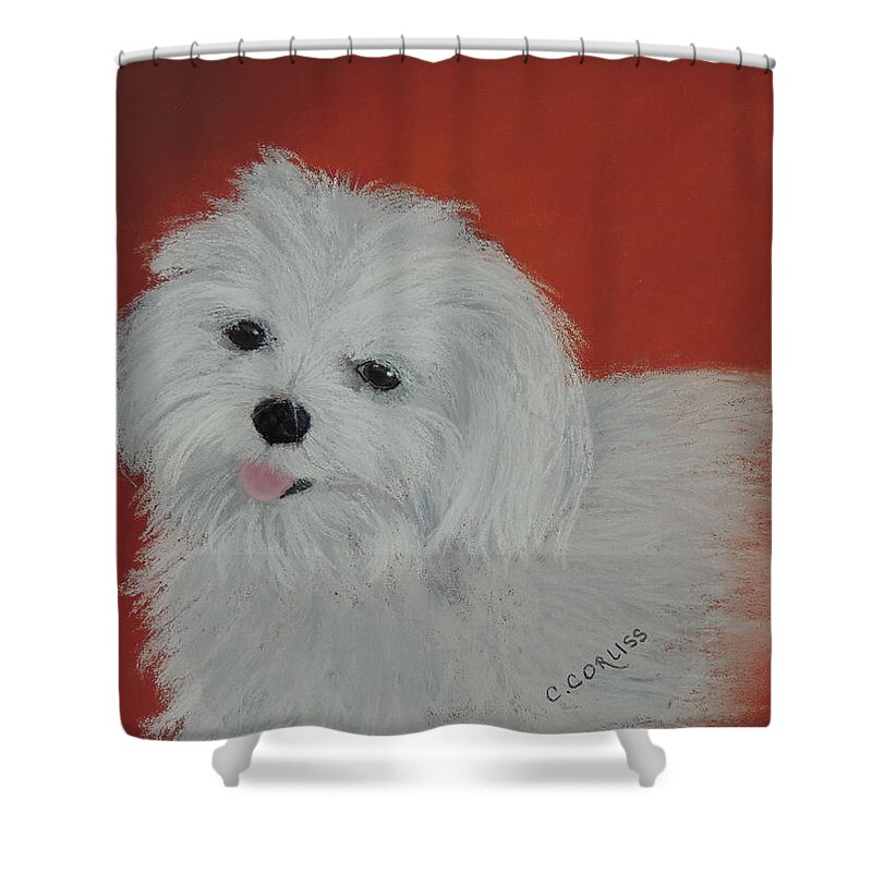 Dog Shower Curtain featuring the pastel Chloe's Angel by Carol Corliss