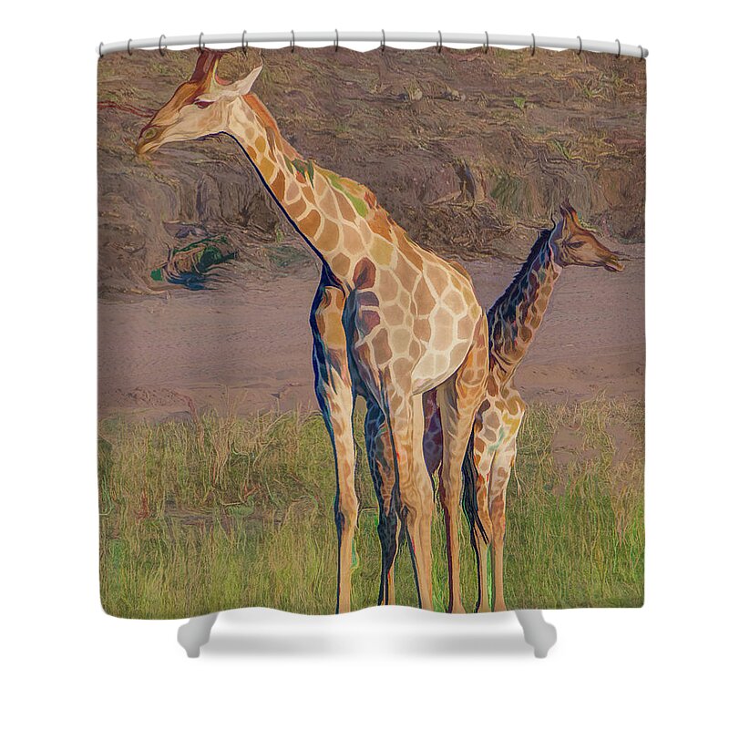  Shower Curtain featuring the photograph Chobe Giraffes, Painterly by Marcy Wielfaert