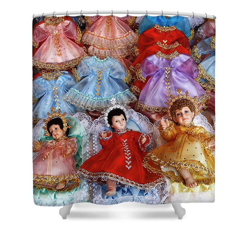 Christmas Shower Curtain featuring the photograph Christ Child Figurines in Christmas Market by James Brunker