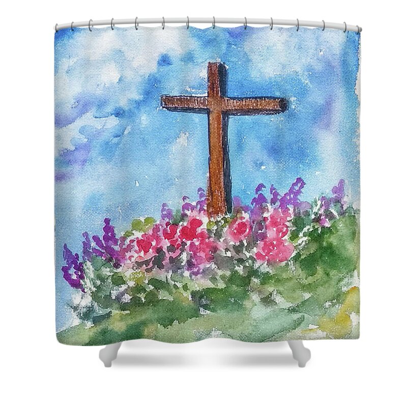 Christian Cross Shower Curtain featuring the painting Christian Cross 3 by Asha Sudhaker Shenoy