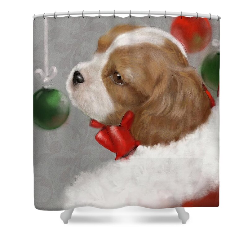 Blenheim Shower Curtain featuring the painting Christmas Puppy by Mary Sparrow