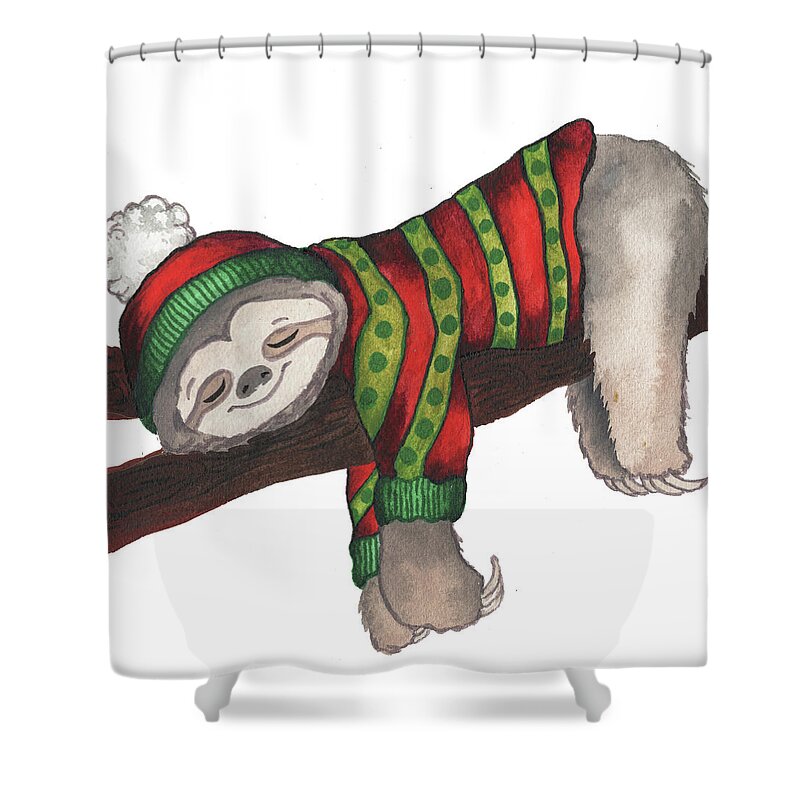 Christmas Shower Curtain featuring the painting Christmas Sloth IIi by Elizabeth Medley
