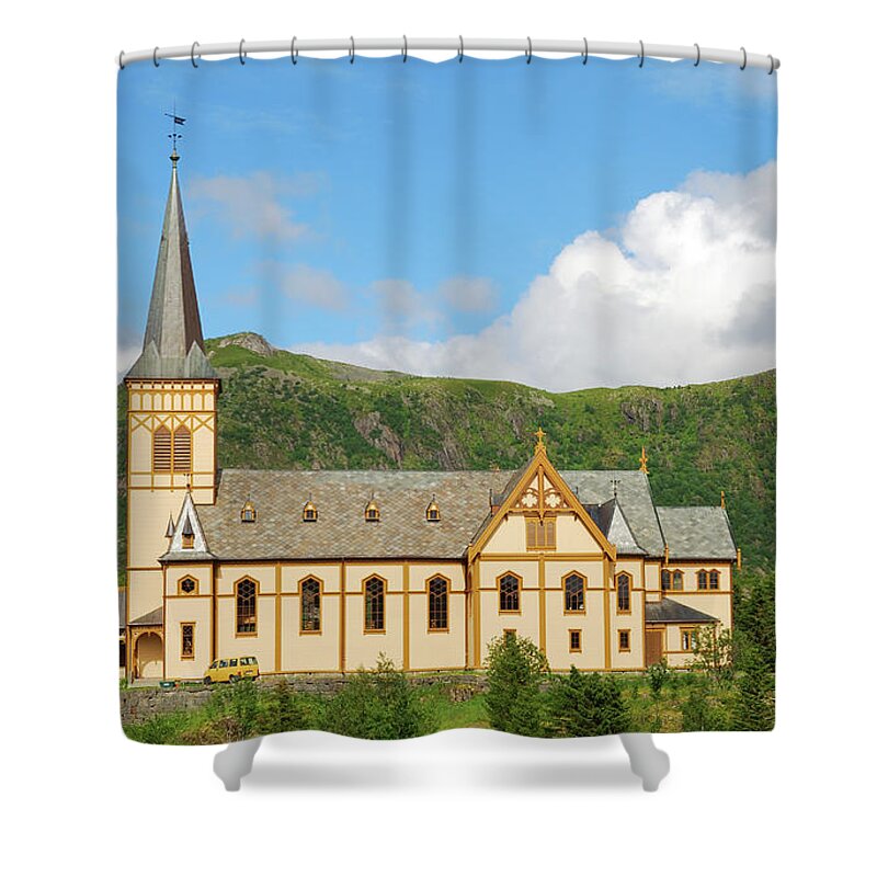 Norwegian Culture Shower Curtain featuring the photograph Church In Lofoten Islands by Oks mit