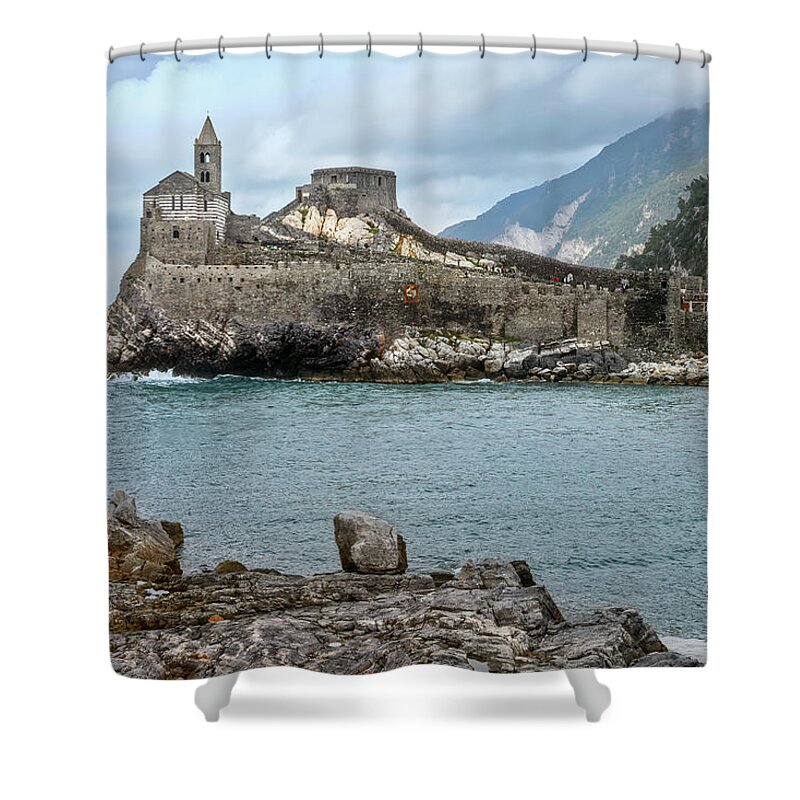 Joan Carroll Shower Curtain featuring the photograph Church of St Peter Portovenere Italy by Joan Carroll