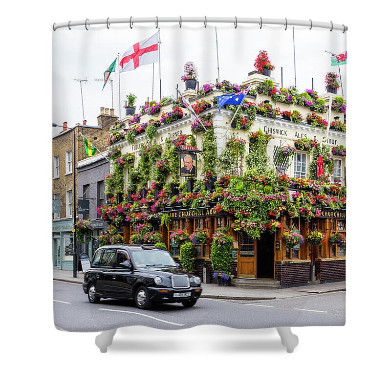 Estock Shower Curtain featuring the digital art Churchill Arms Pub, London, England by Andrea Armellin