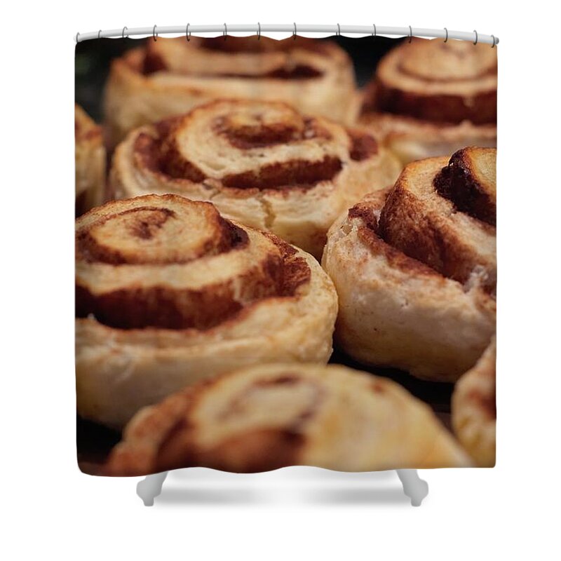 Unhealthy Eating Shower Curtain featuring the photograph Cinnamon Pinwheel Scones On A Baking by Brenda Anderson