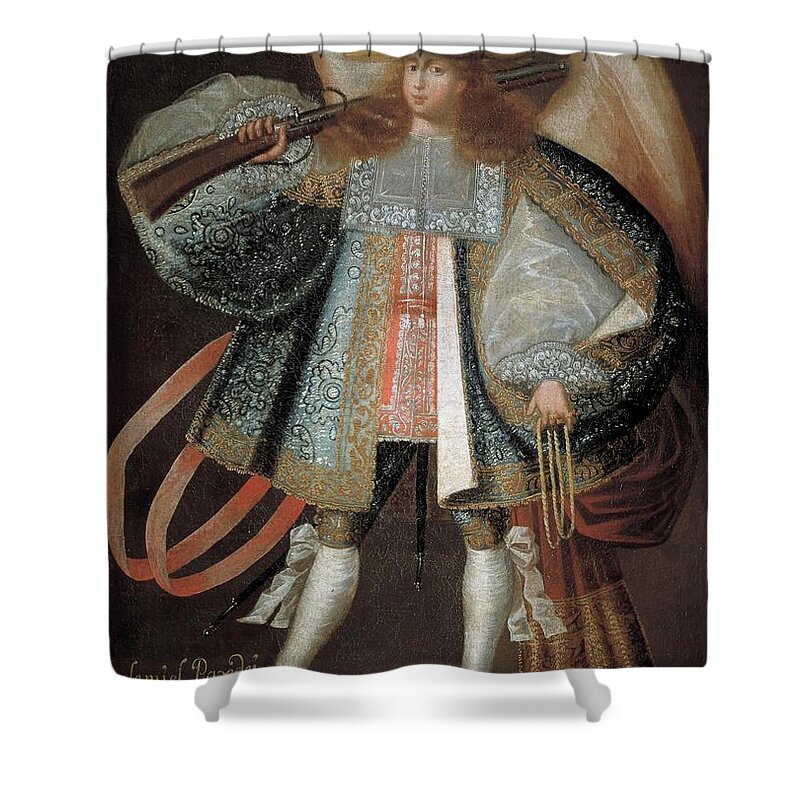 Baroque Art Shower Curtain featuring the painting Circle Of The Master Of Calamarca, Lake Titicaca School, Peru 'arcangel Con Fusil Salamiel Pax D... by Album