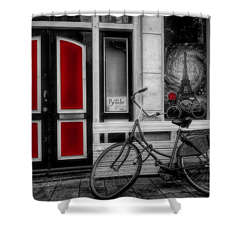 Amsterdam Shower Curtain featuring the photograph City Bike Downtown Black and White Color Selected Red by Debra and Dave Vanderlaan