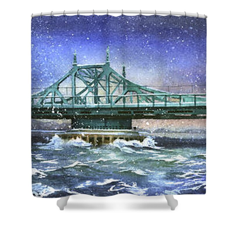 City Island Shower Curtain featuring the painting City Island Bridge Winter by Marguerite Chadwick-Juner